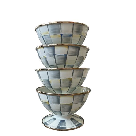 Brand New Mackenzie-Childs Sterling Check Ice Cream Dishes Set of 4 - Picture 2 of 15